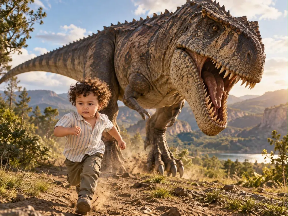 Benjamín corriendo delante de un T-Rex