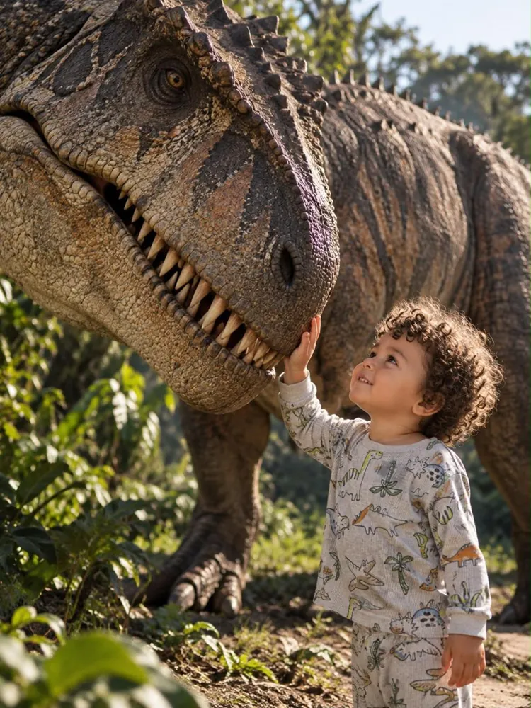 Benjamín acariciando el hocico de un T-Rex