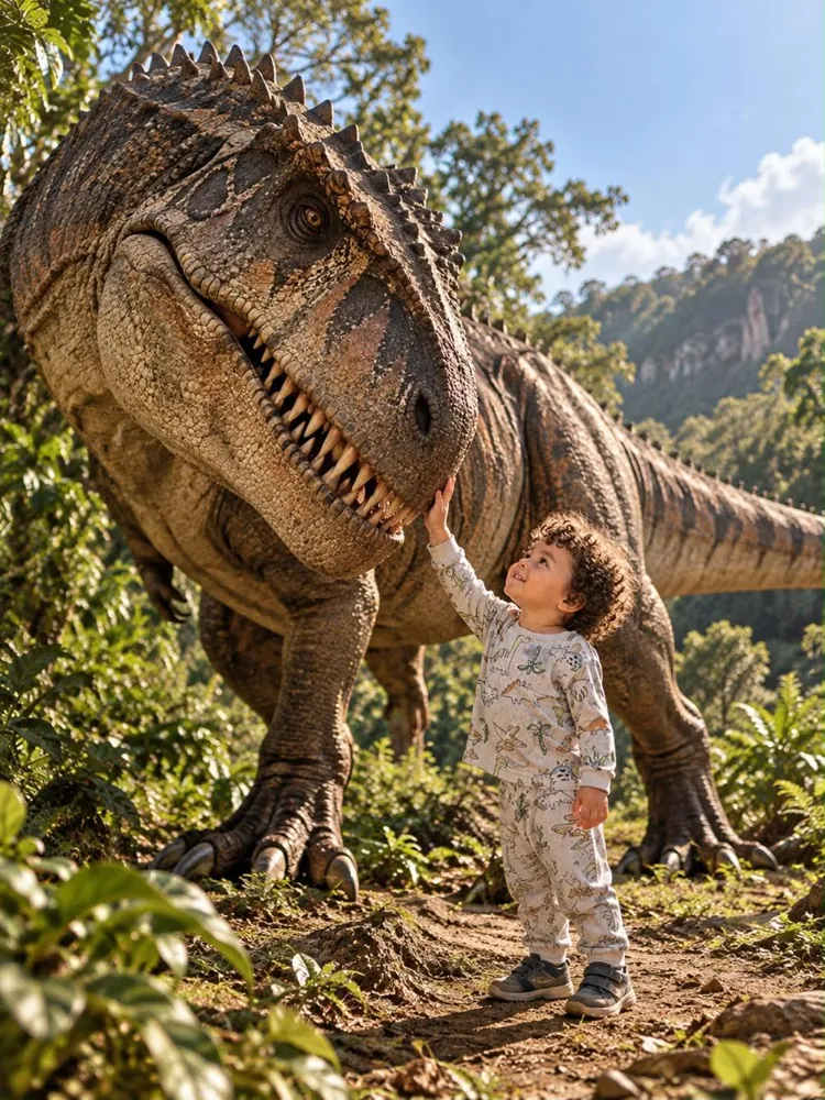 Benjamín tocando a un T-Rex gigante en la selva